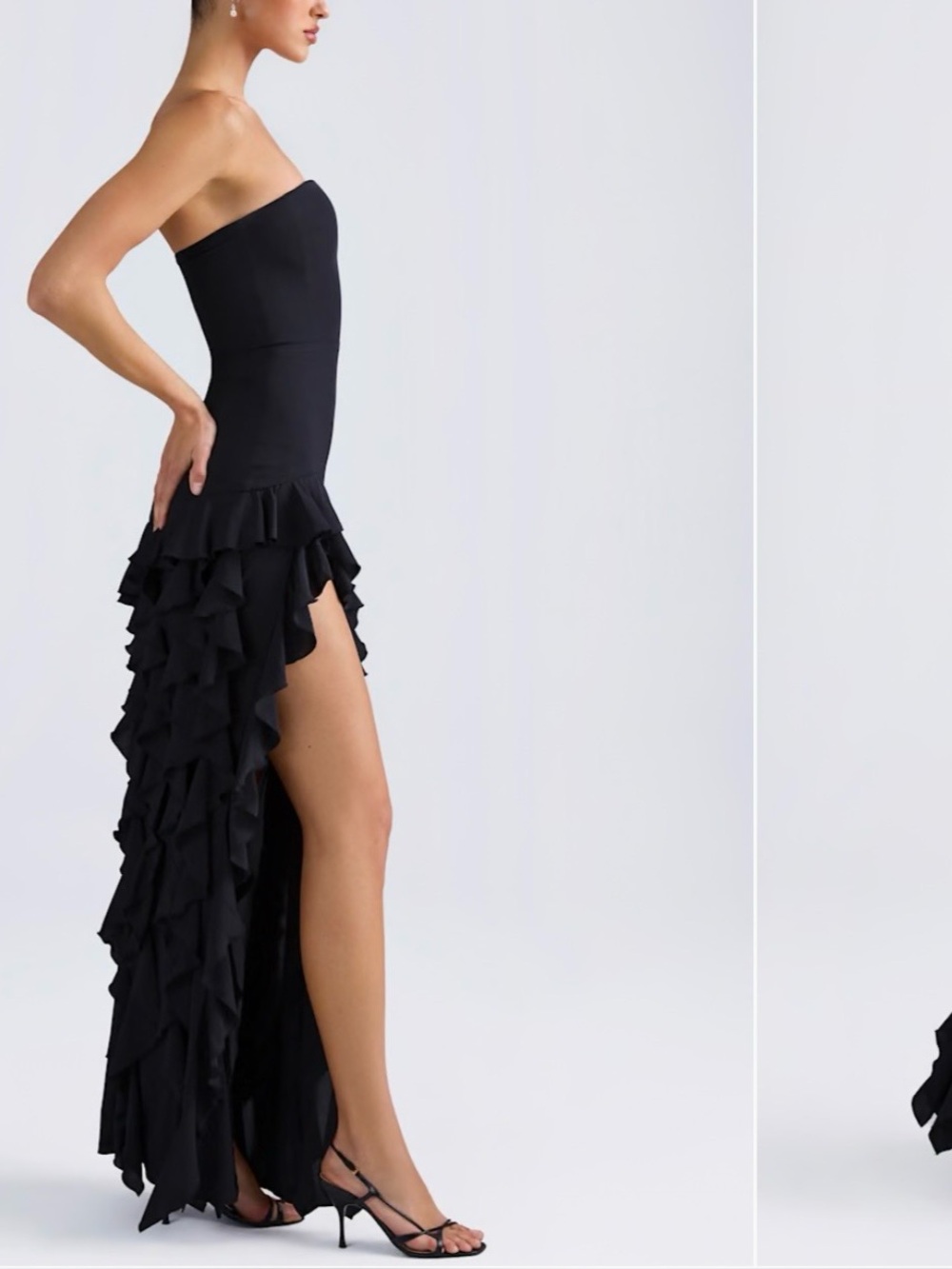 Oh Polly Black Strapless Ruffle High-Slit Gown